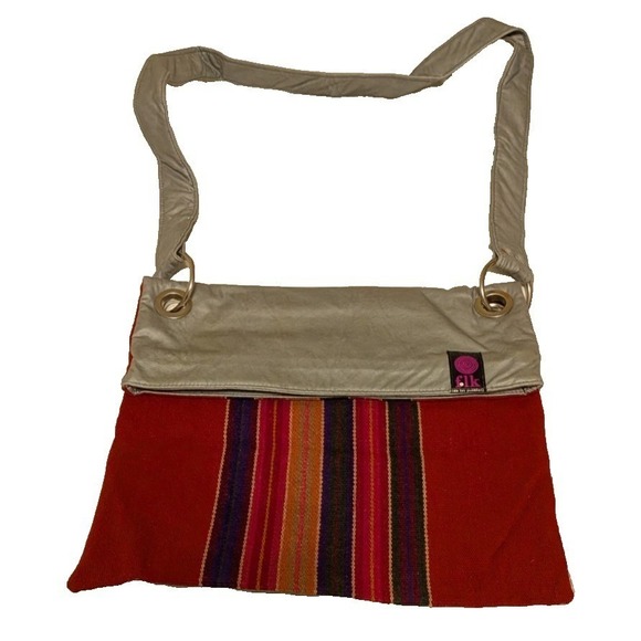 FLK de los Pueblos Handbags - FOLK de los Pueblos Red Woven Striped Foldover Crossbody Bag Silver Trim